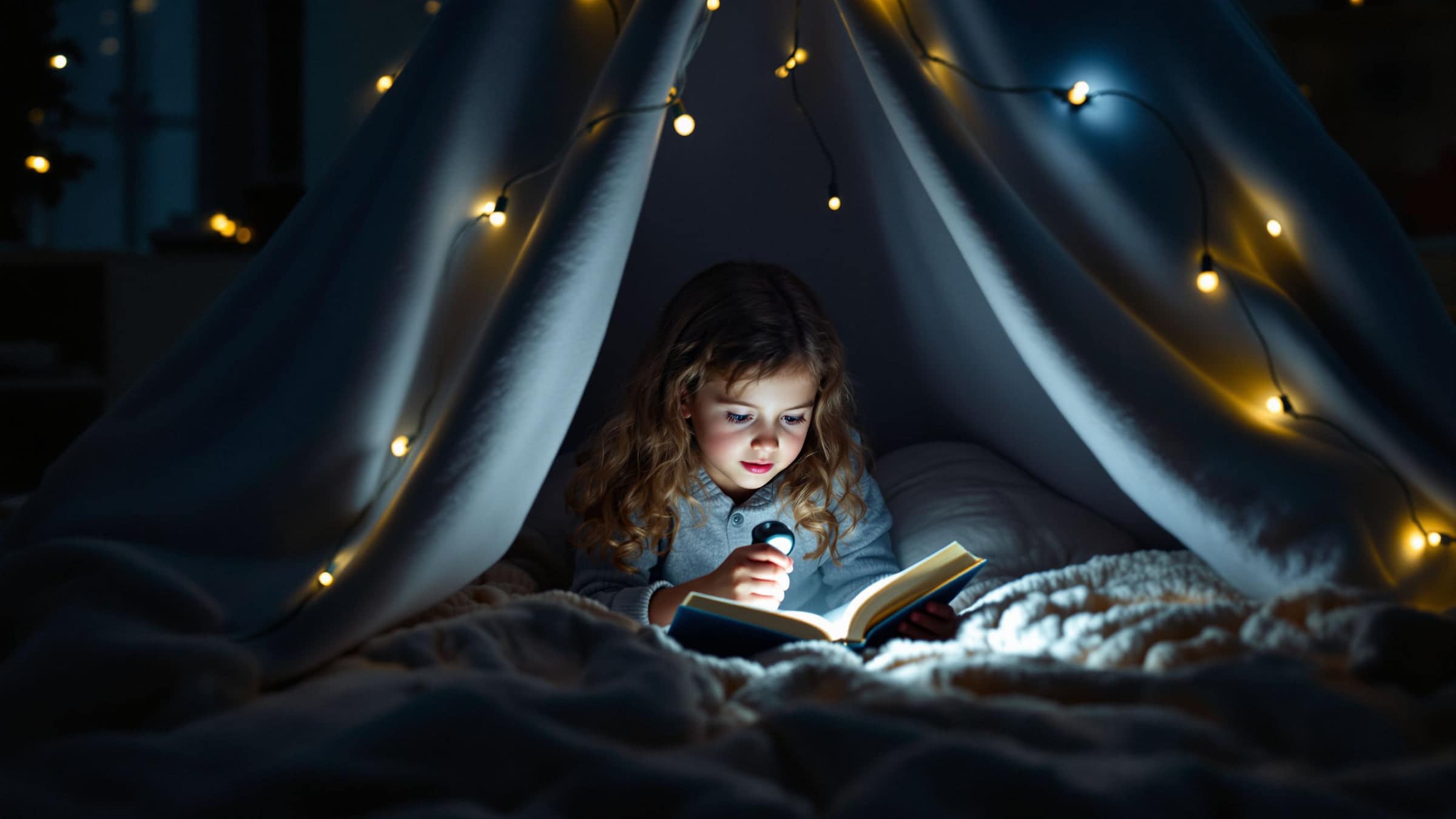 A child reads with a flashlight inside a blanket fort lit by fairy lights.