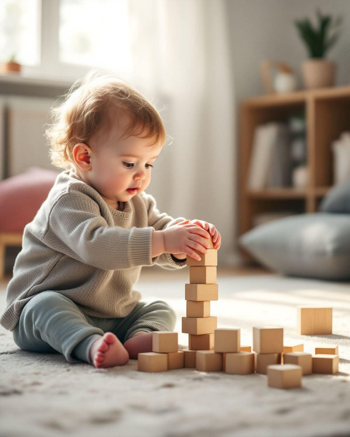 A toddler stacks wooden blocks on a play rug.