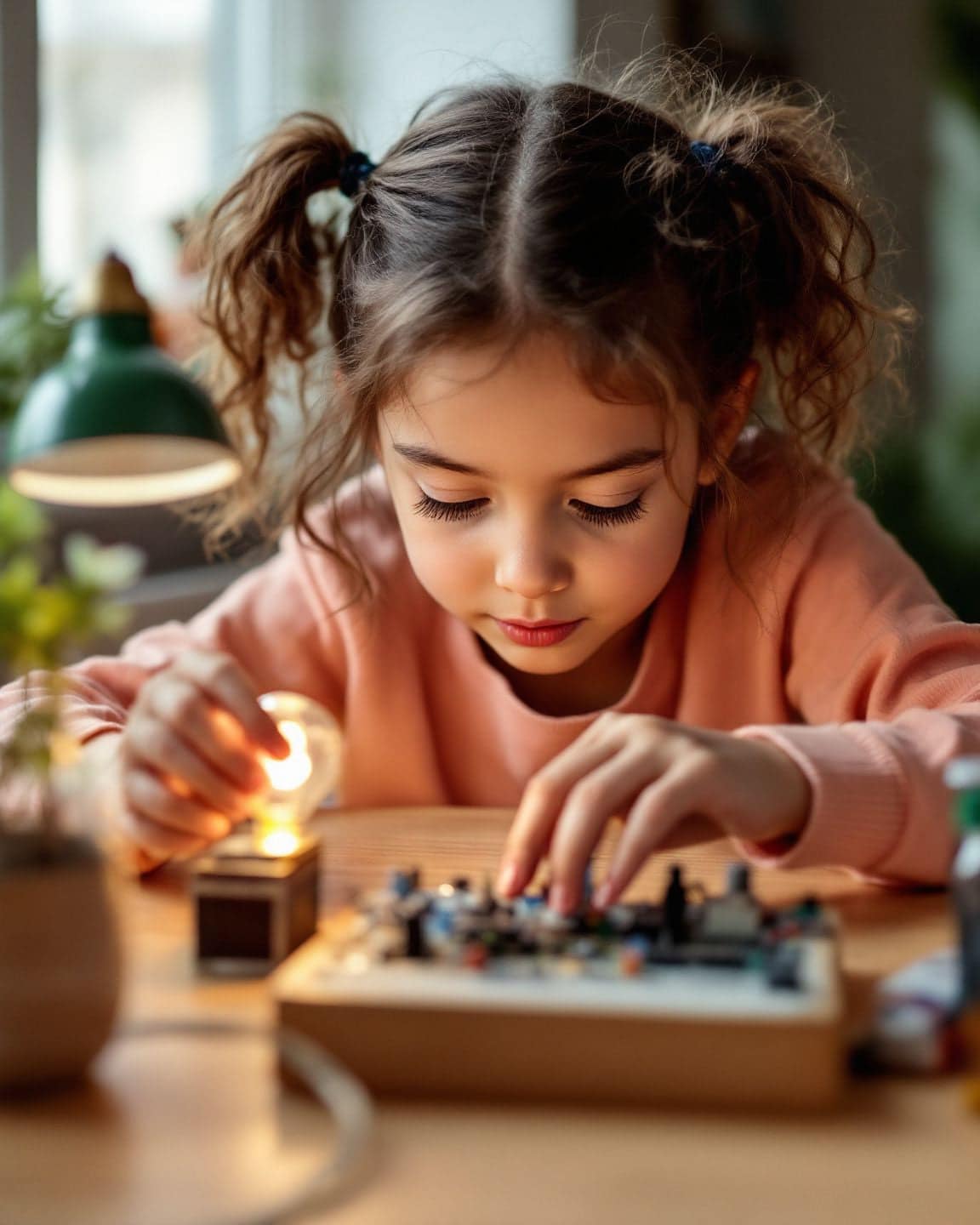 A girl builds a simple circuit that lights a small bulb.