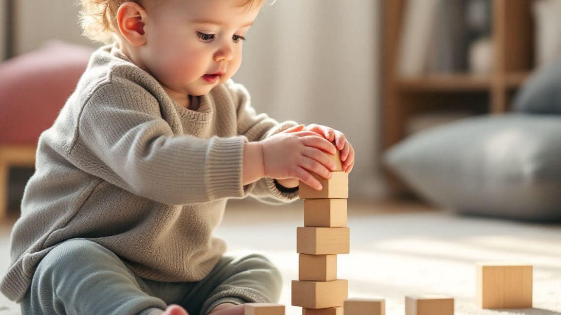 A toddler stacks wooden blocks on a play rug.