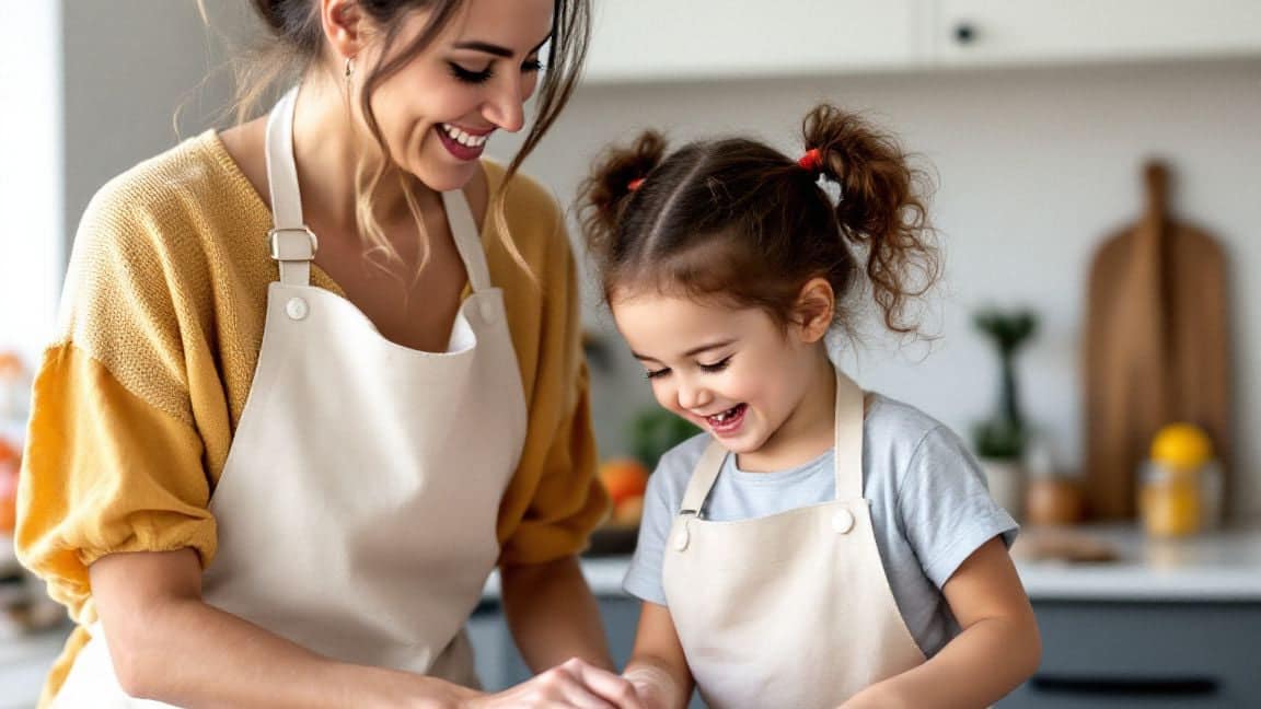 A parent and child knead dough together at a kitchen counter.