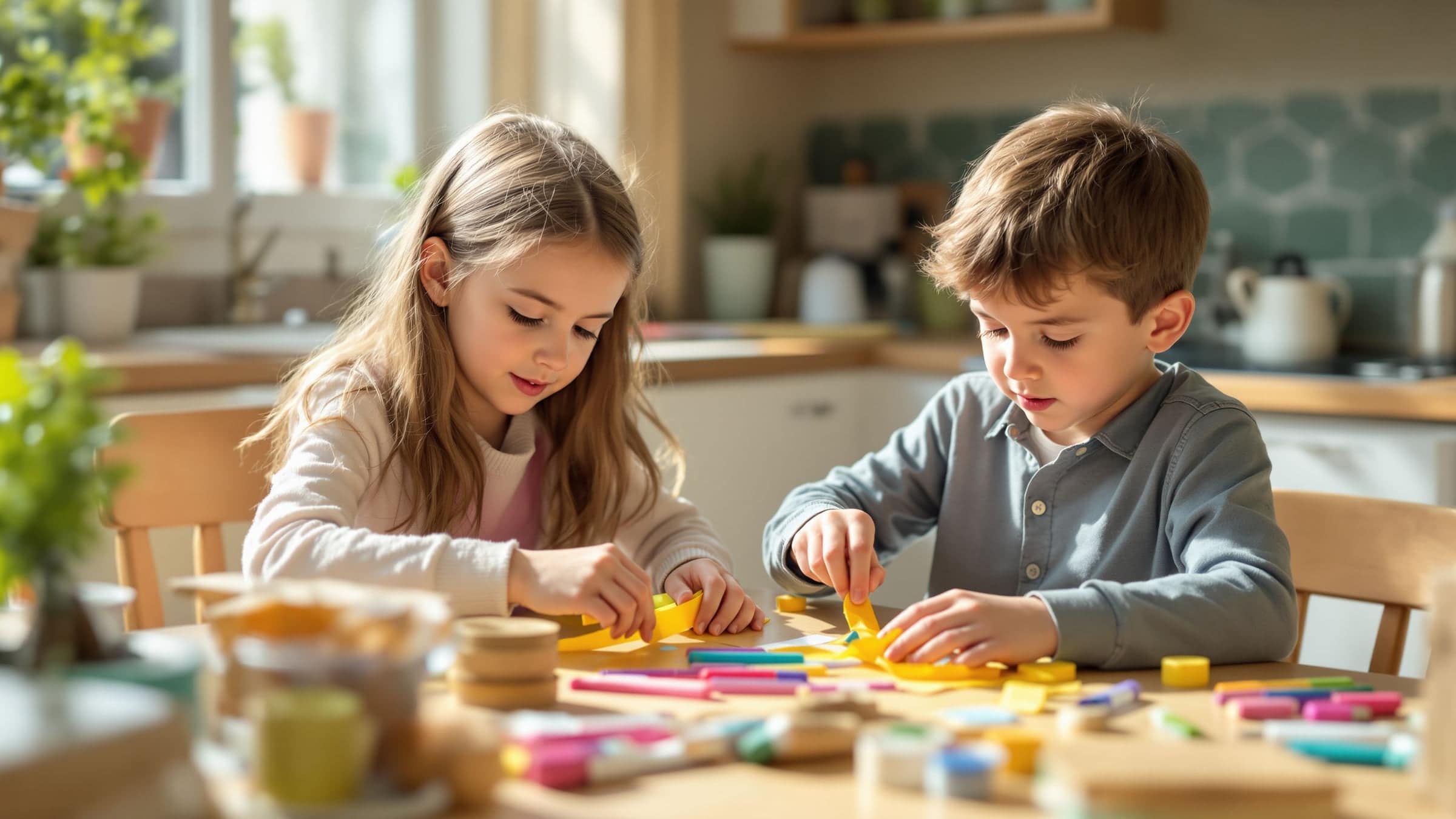 Two kids work on a craft project with markers and tape at a sunny kitchen table.