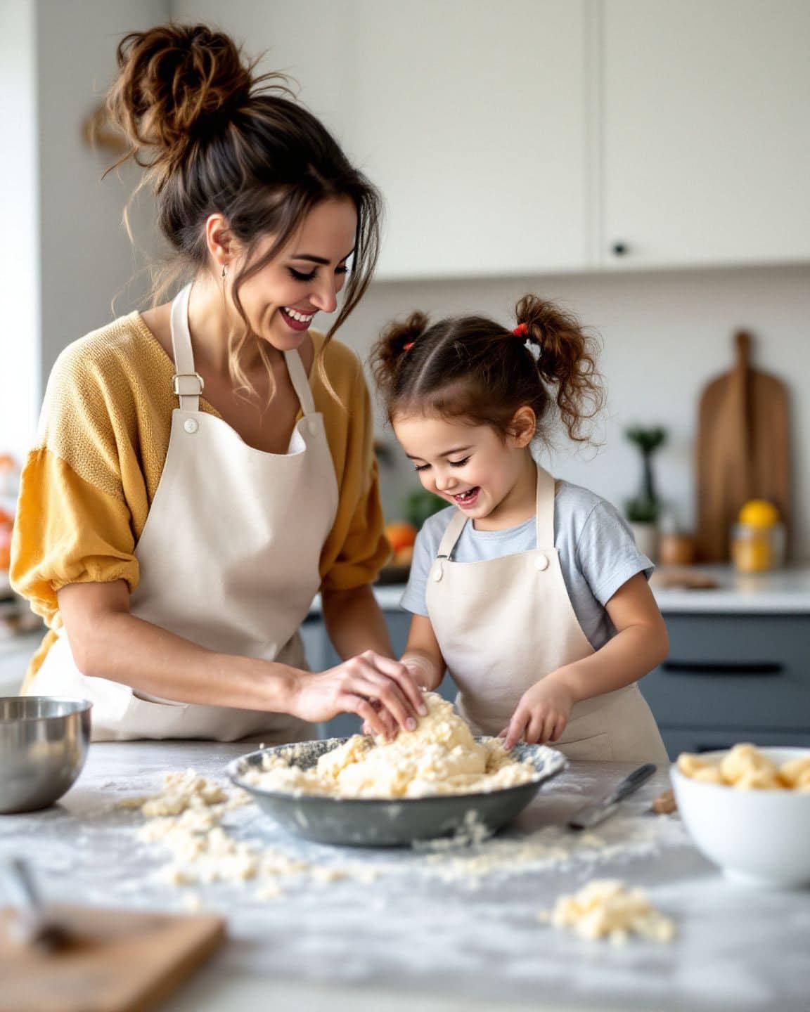A parent and child knead dough together at a kitchen counter.